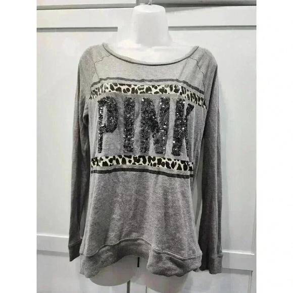 Victoria Secret PINK Long Sleeve With Cheetah Print Sequins Size Small Grey - Picture 1 of 6